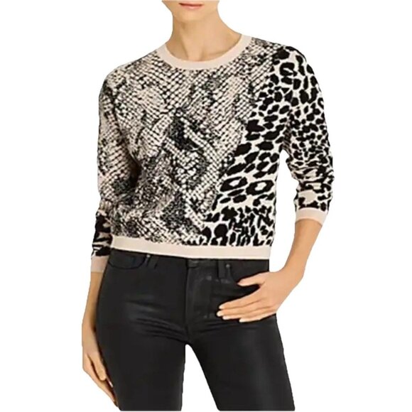 GUESS Tan & Black Tamelia Animal-Print Cropped Sweater Sz S - Picture 1 of 9